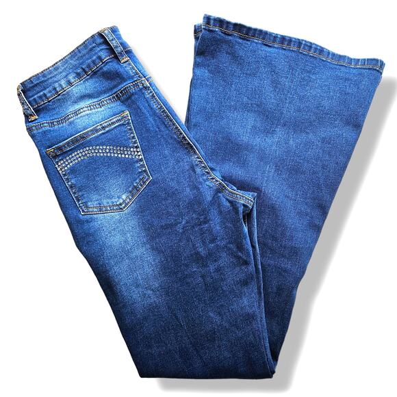 EUC Bamboo Rhinestone Embellished High Waist Flare Jeans Sz 11[28] x30 Dark Wash - Picture 1 of 12